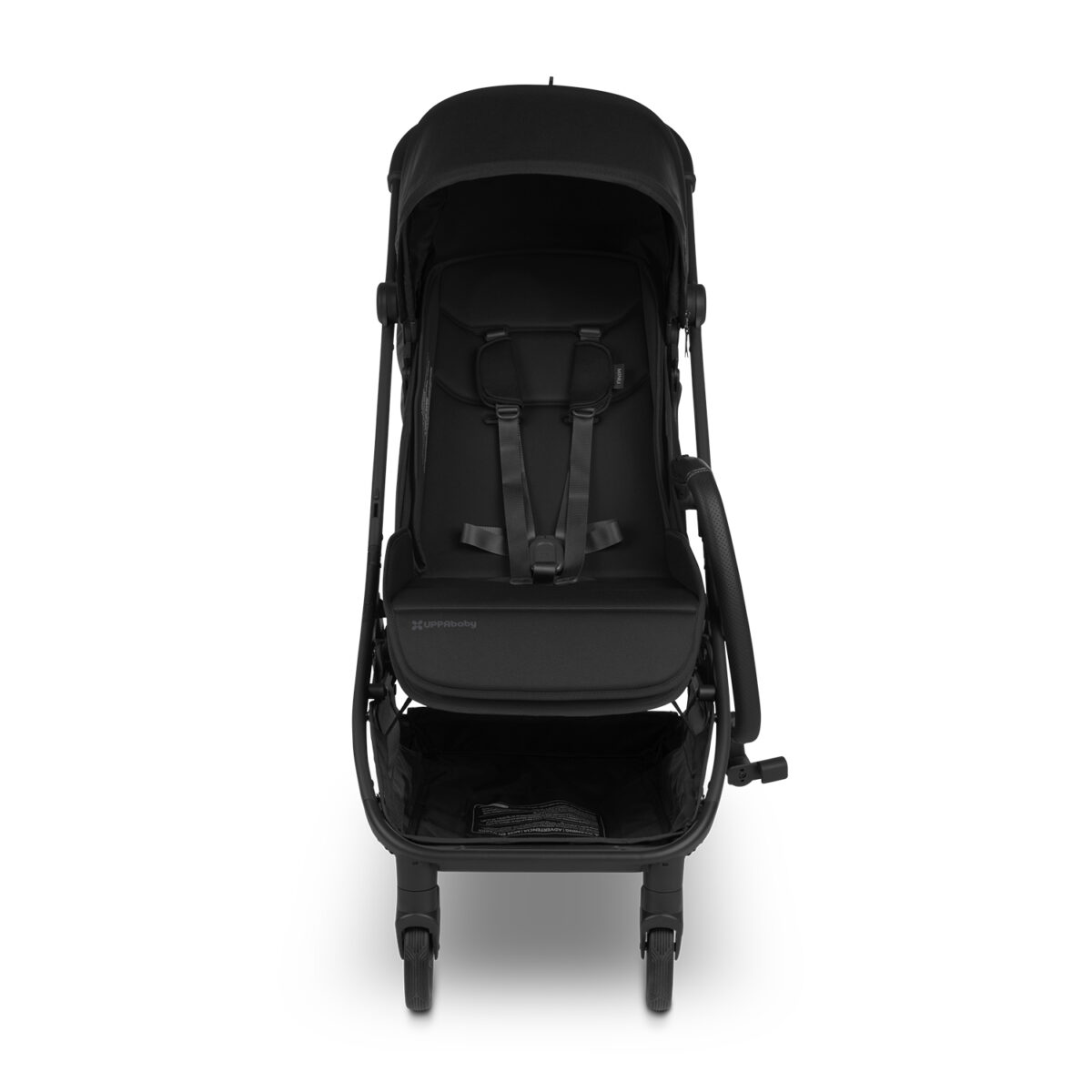 Black UPPAbaby stroller front view with bumper bar detached on one side, showing folding feature.