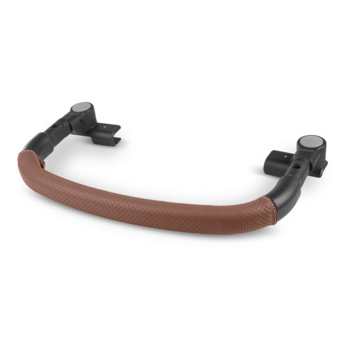 Brown leather stroller bumper bar with black mounting ends for easy attachment and child safety.
