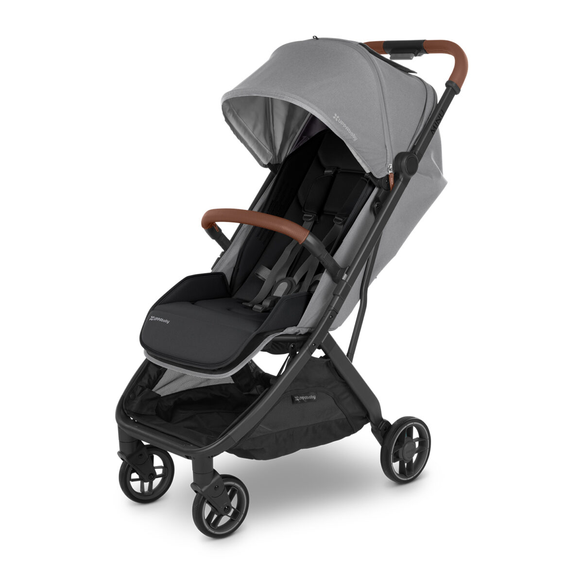 Angled view of grey UPPAbaby stroller with brown leather accents and padded black seat.