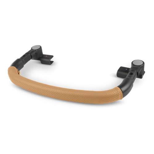 Tan leather stroller bumper bar with black attachment ends for added safety and stylish comfort.
