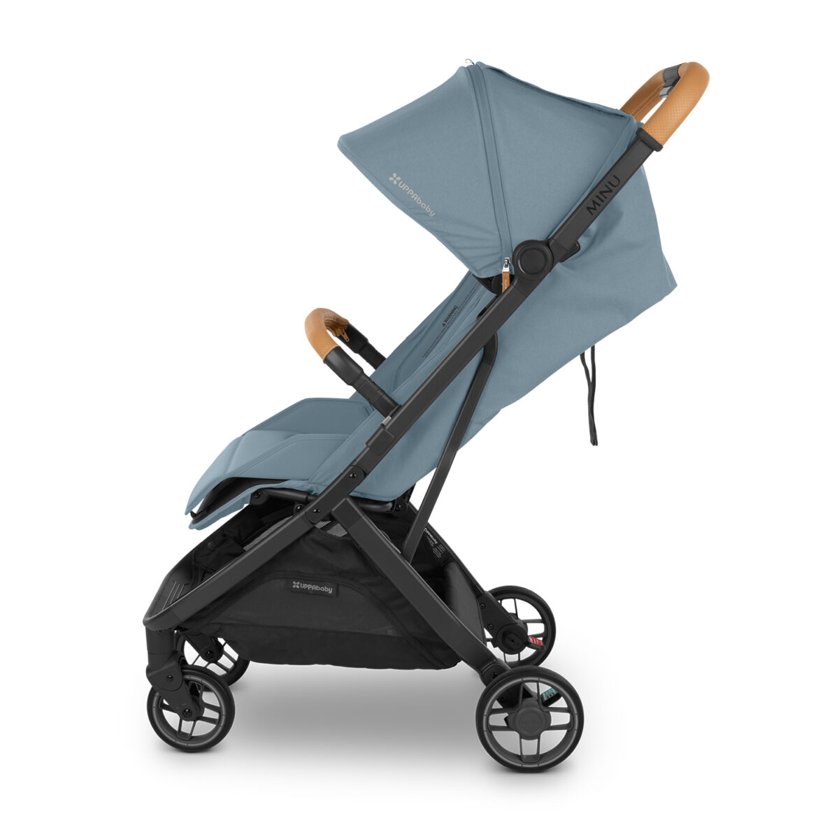 Side view of teal UPPAbaby stroller with tan leather handlebar and bumper bar.