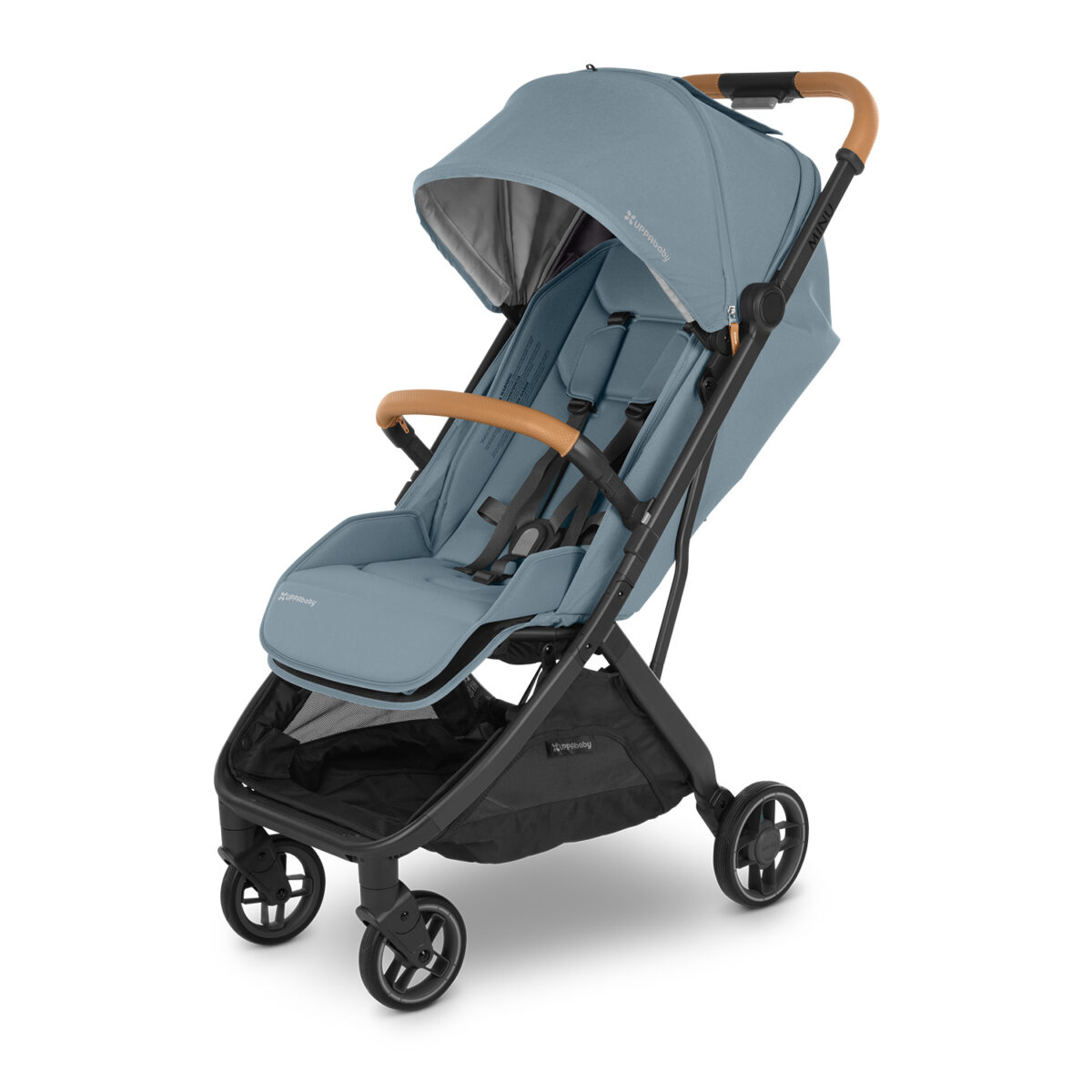 Angled view of teal UPPAbaby stroller featuring tan leather accents and cushioned seat.
