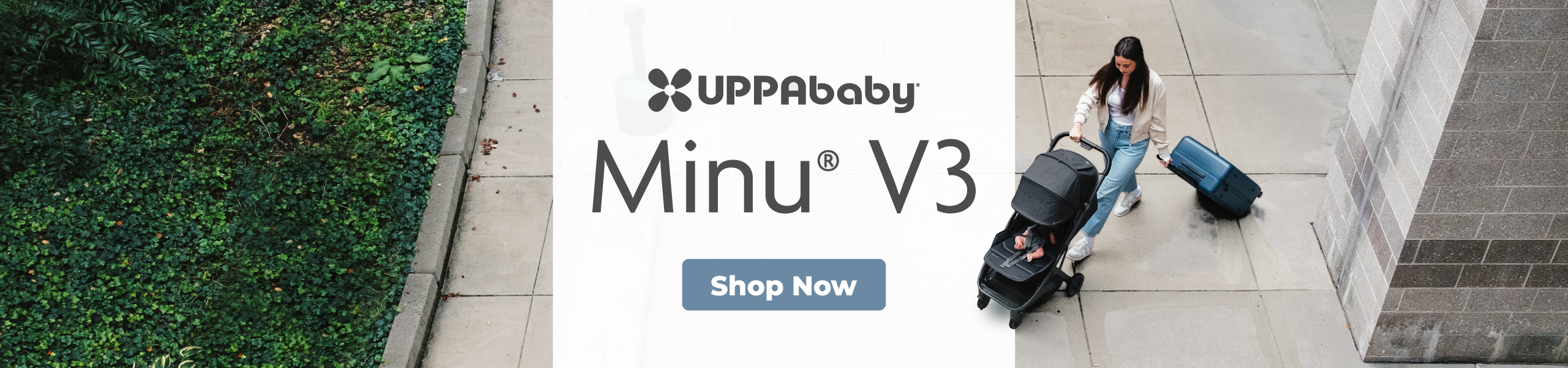 UPPAbaby MINU V3 stroller, parent walking beside stroller with luggage.