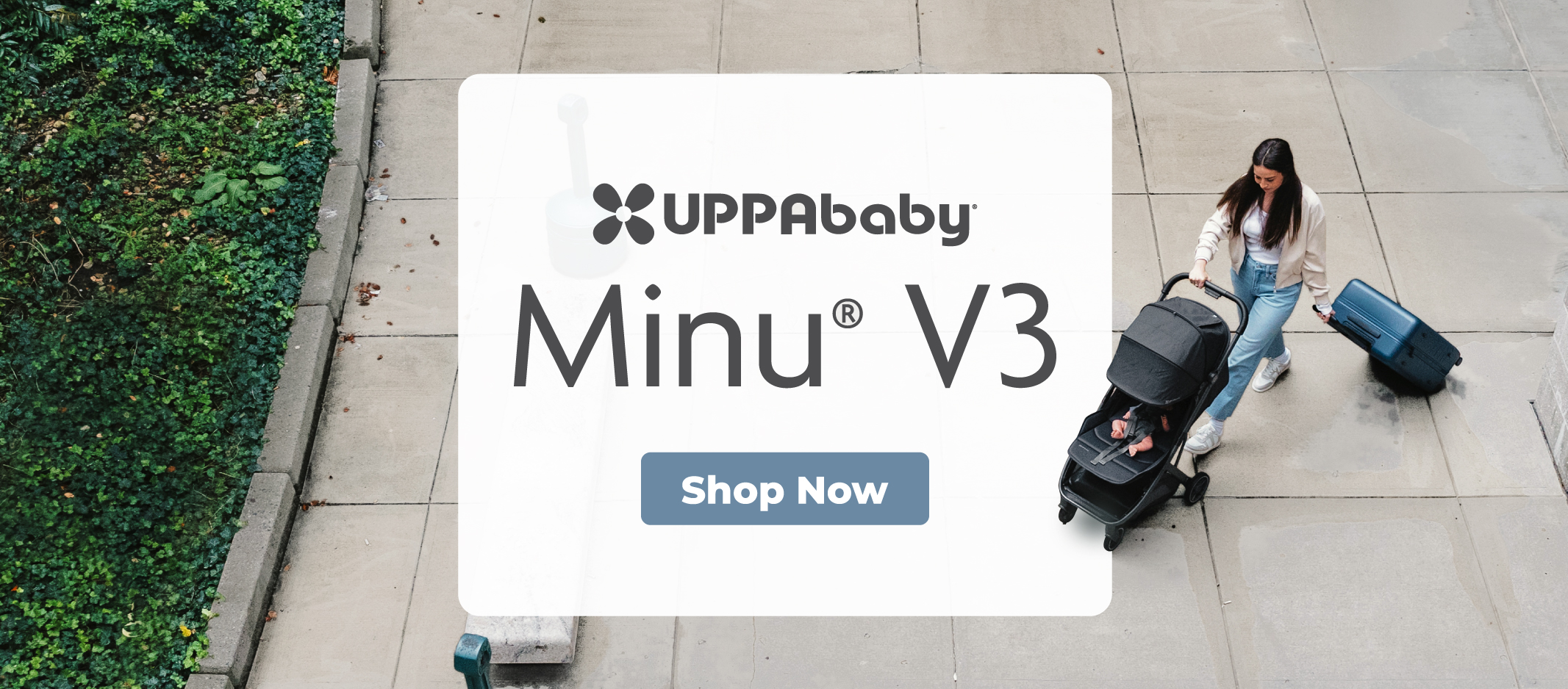 UPPAbaby MINU V3 stroller, parent walking beside stroller with luggage.