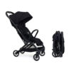 Black iCandy stroller in open position beside its folded compact form on a white background.