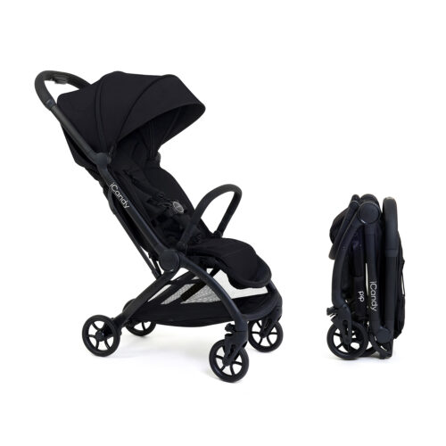 Black iCandy stroller in open position beside its folded compact form on a white background.