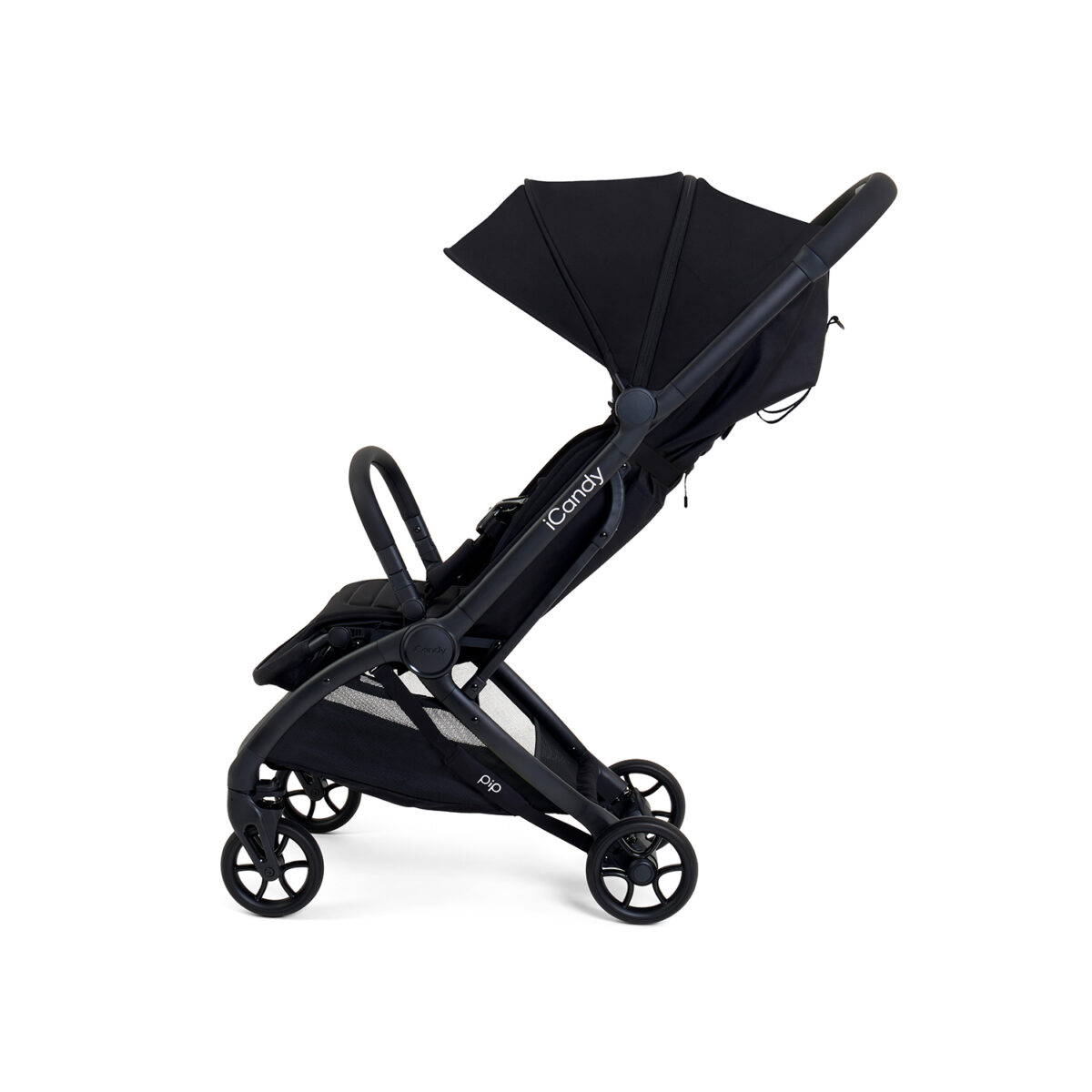 Side view of black iCandy stroller with extended canopy and upright seat.