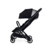 Side view of black iCandy stroller with partially extended mesh canopy.