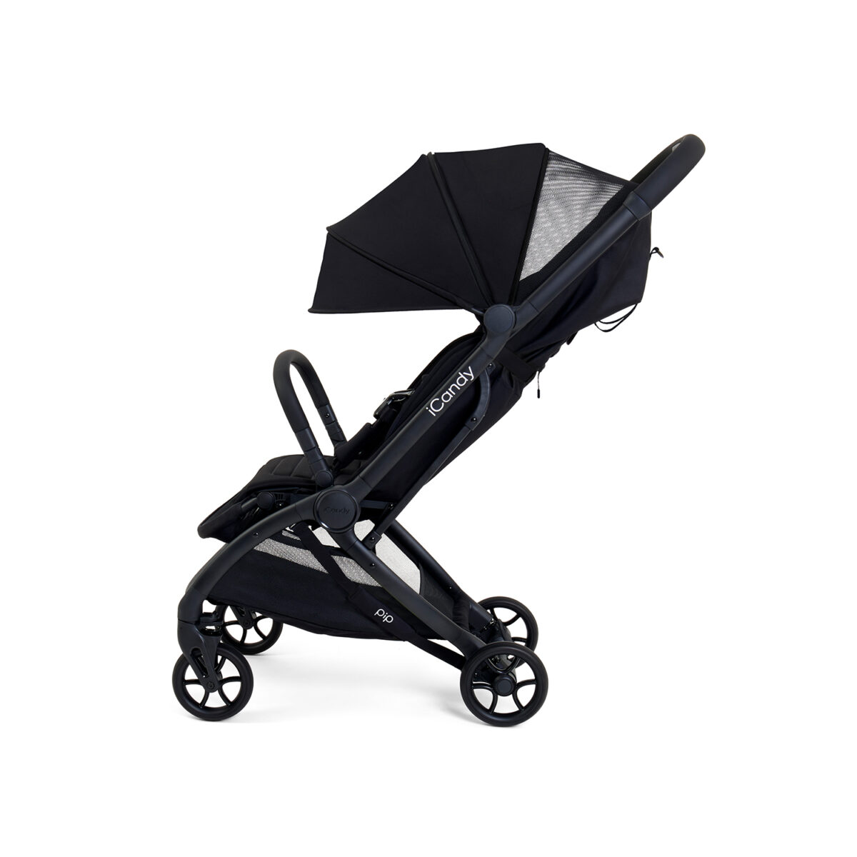 Side view of black iCandy stroller with partially extended mesh canopy.