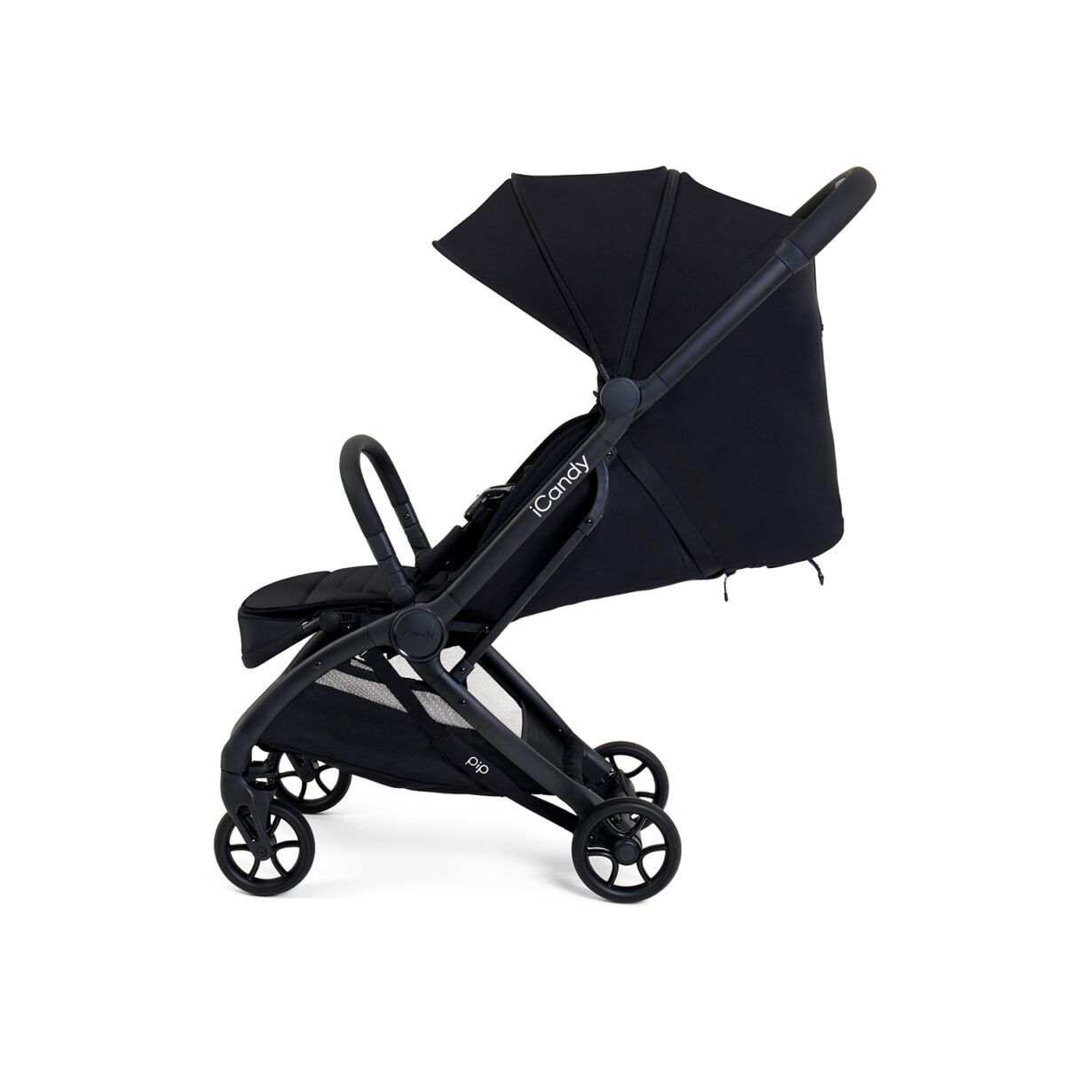 Black iCandy stroller with fully extended canopy and reclined seat.