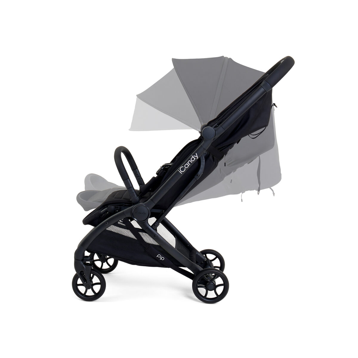 Stroller shown with canopy and seat in multiple adjustable positions.