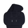 Black padded stroller seat liner with harness slots displayed flat.