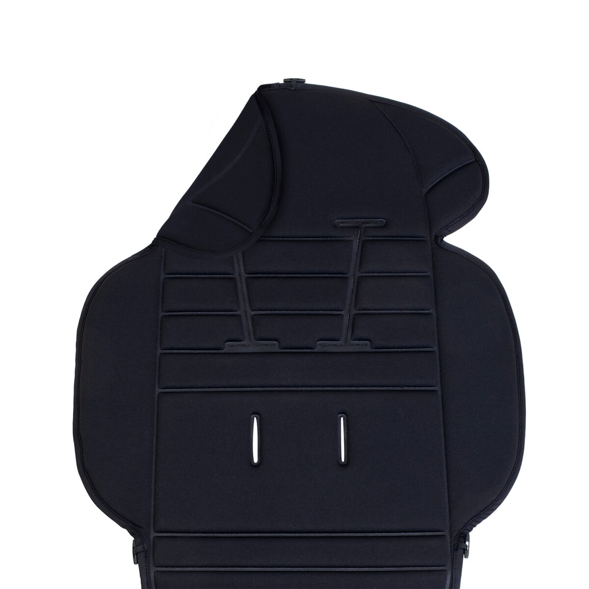 Black padded stroller seat liner with harness slots displayed flat.