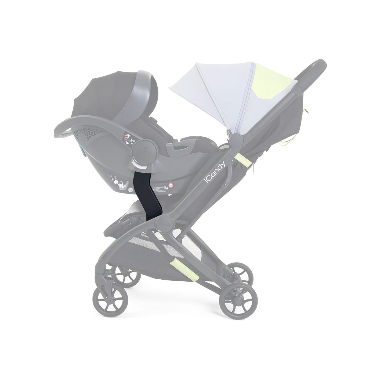 iCandy stroller with a car seat attached using adaptors, side view.