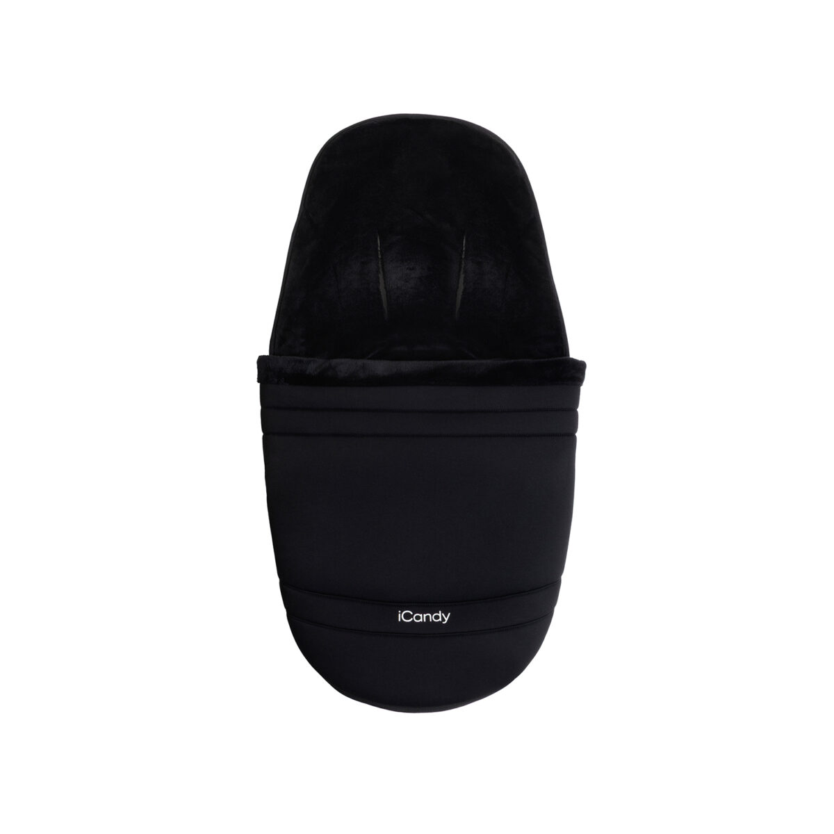 Black iCandy Pip stroller footmuff with soft interior and sleek, insulated design.