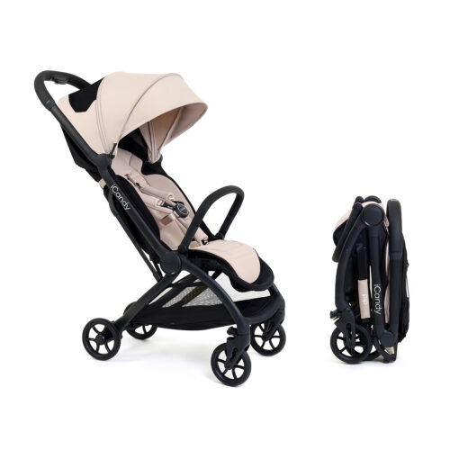 Latte iCandy stroller in open position beside its folded compact form on a white background.