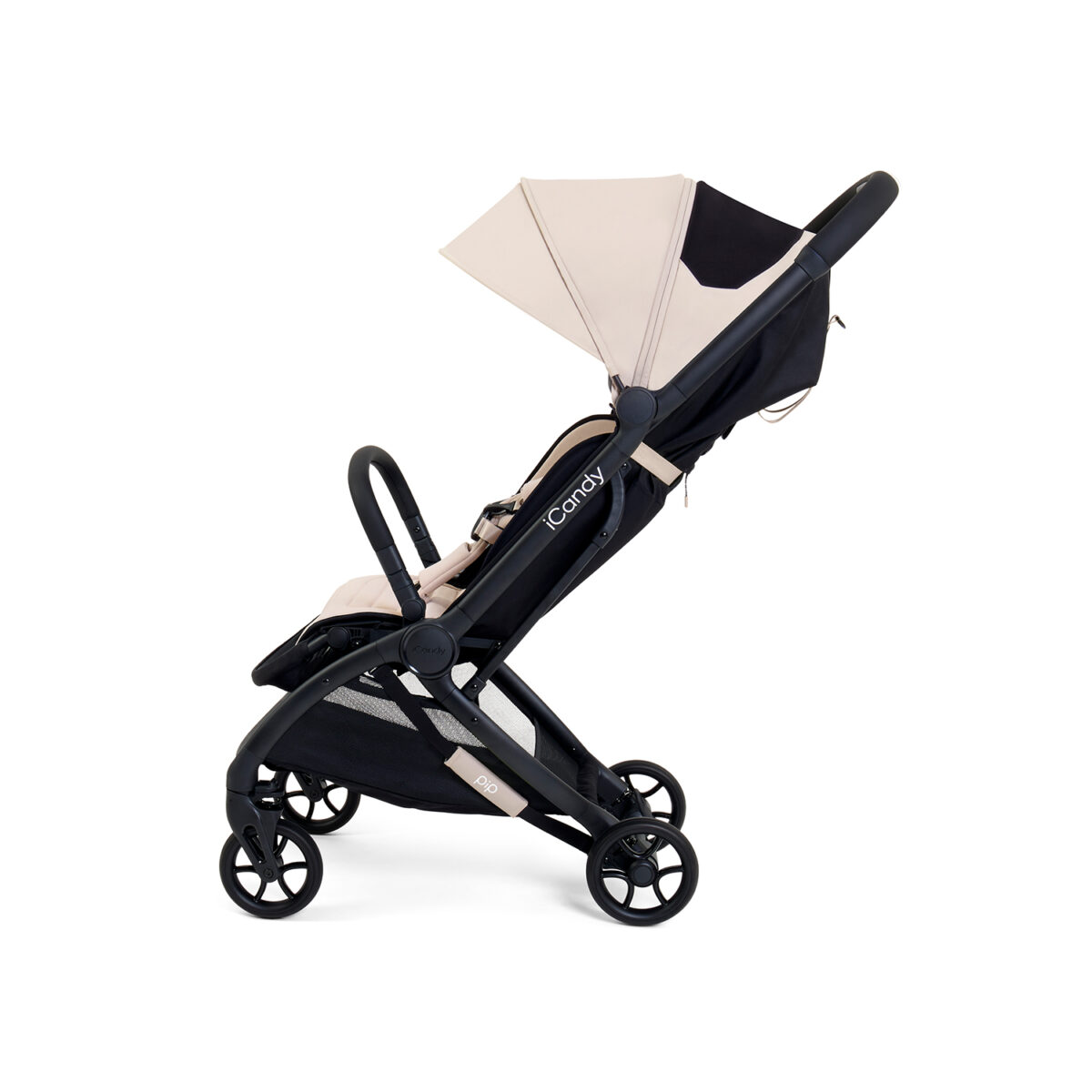 Side view of latte iCandy stroller with extended canopy and upright seat.