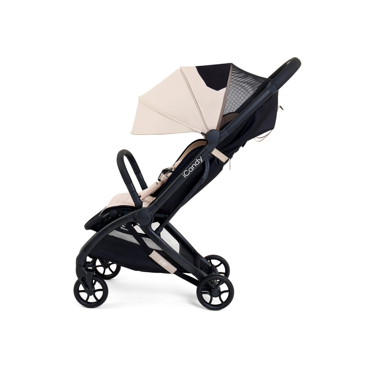Side view of latte iCandy stroller with partially extended mesh canopy.