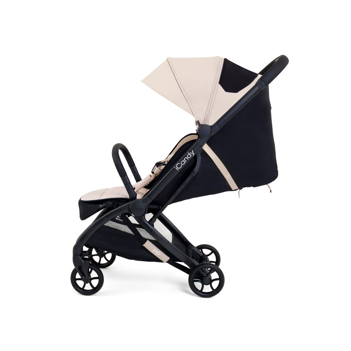Latte iCandy stroller with fully extended canopy and reclined seat.