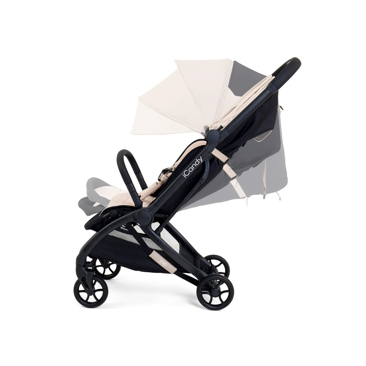 Stroller shown with canopy and seat in multiple adjustable positions in latte.