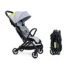 Limestone iCandy stroller in open position beside its folded compact form on a white background.