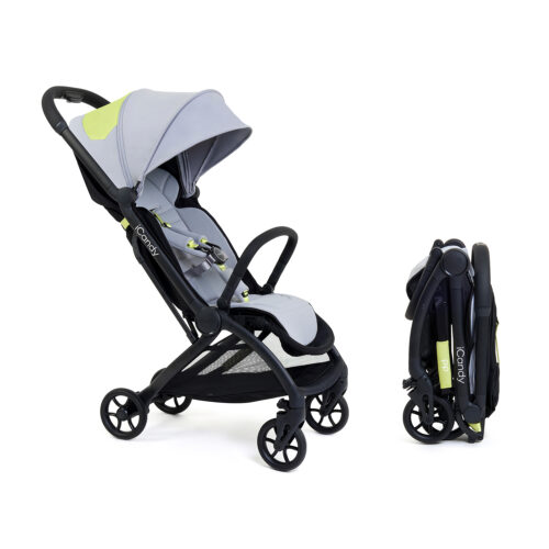 Limestone iCandy stroller in open position beside its folded compact form on a white background.