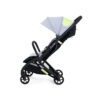 Side view of black iCandy stroller with extended canopy and upright seat.