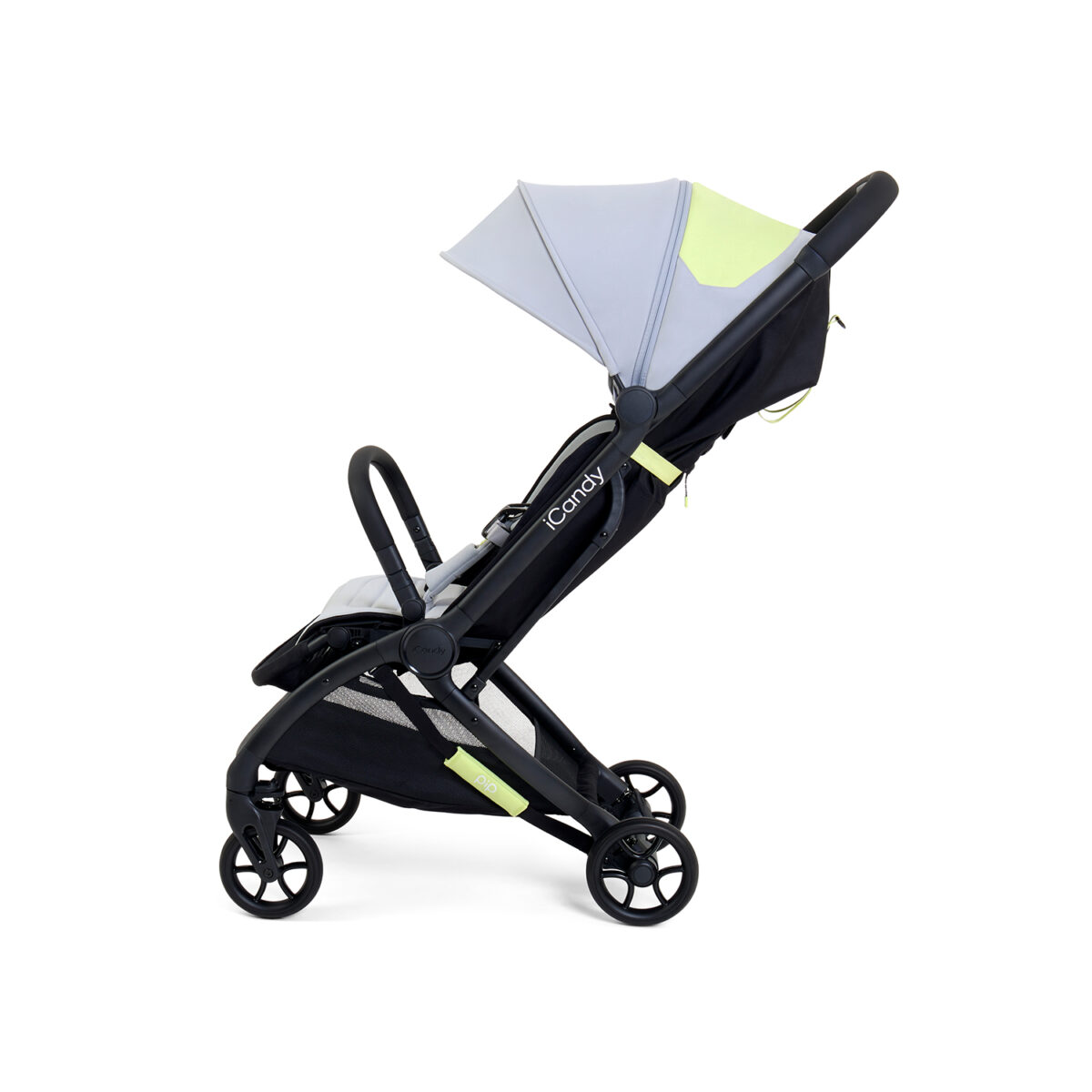 Side view of black iCandy stroller with extended canopy and upright seat.