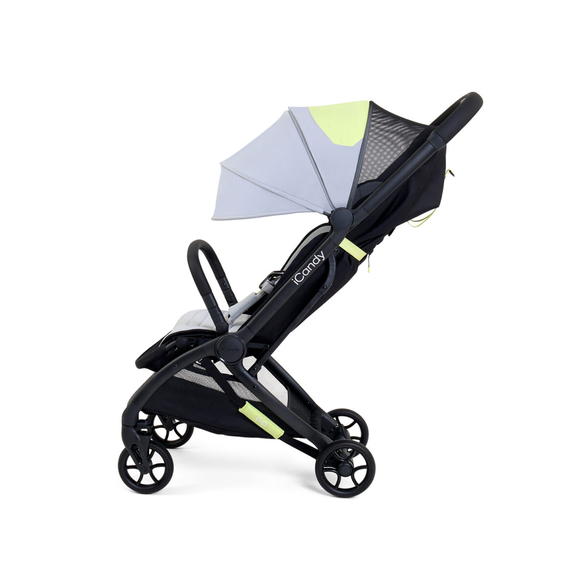 Side view of black iCandy stroller with partially extended mesh canopy.