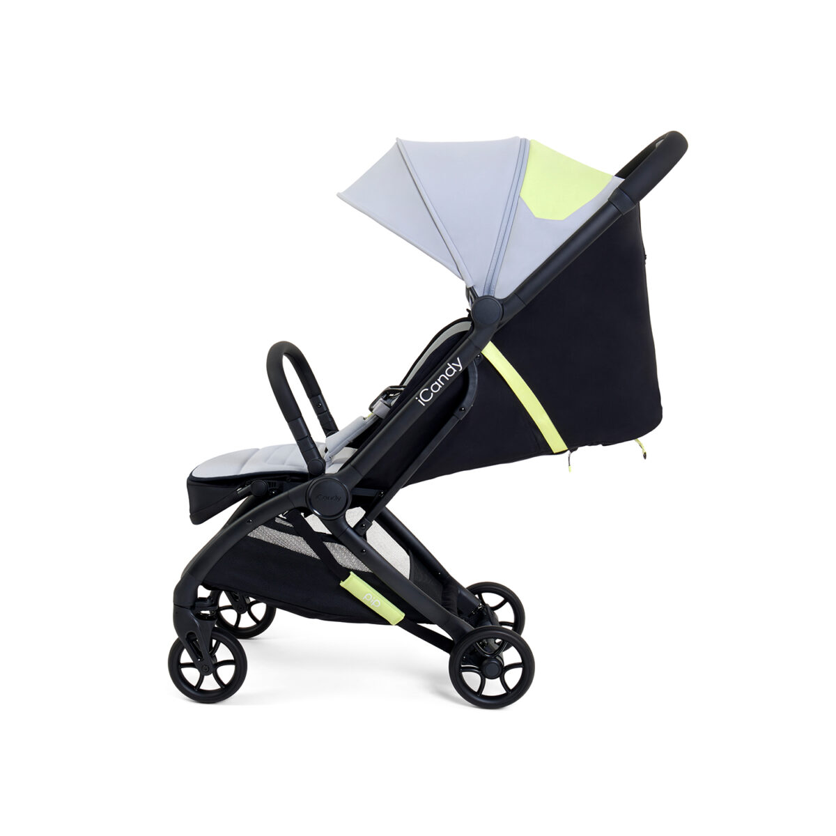 Black iCandy stroller with fully extended canopy and reclined seat.