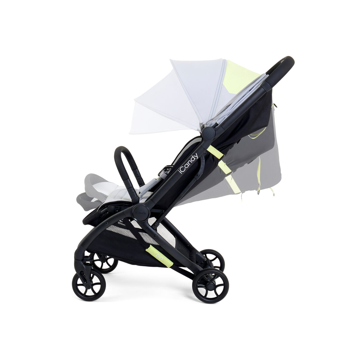 Stroller shown with canopy and seat in multiple adjustable positions.