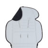 Black padded stroller seat liner with harness slots displayed flat.