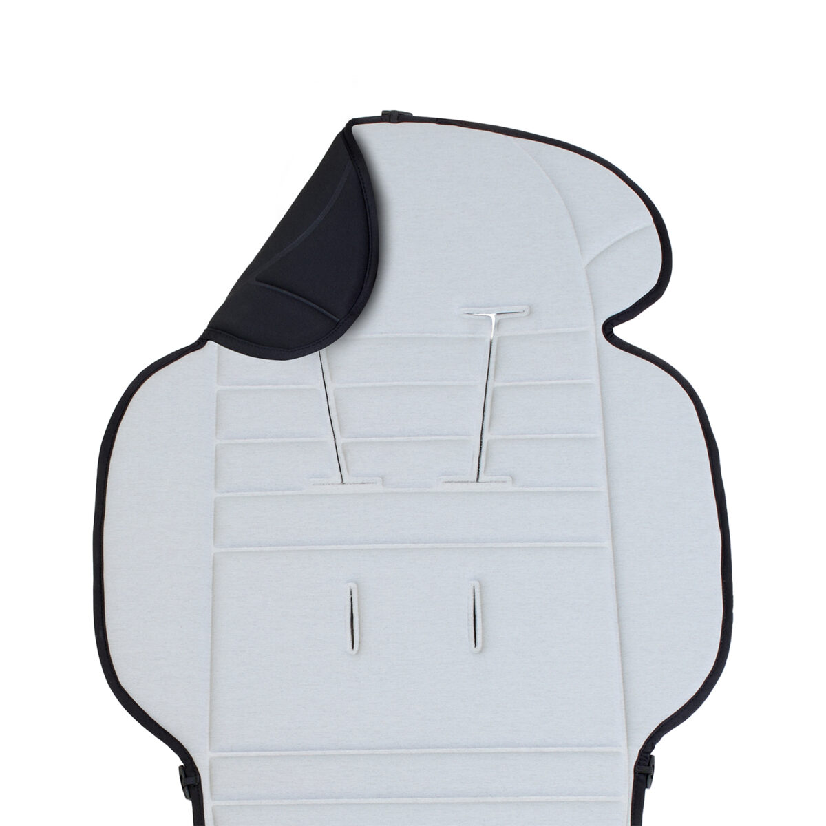 Black padded stroller seat liner with harness slots displayed flat.