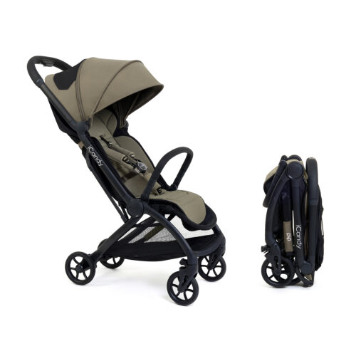 Sage iCandy stroller in open position beside its folded compact form on a white background.