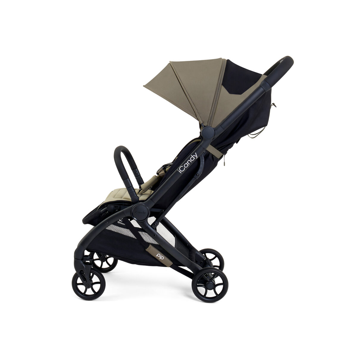 Side view of sage iCandy stroller with extended canopy and upright seat.