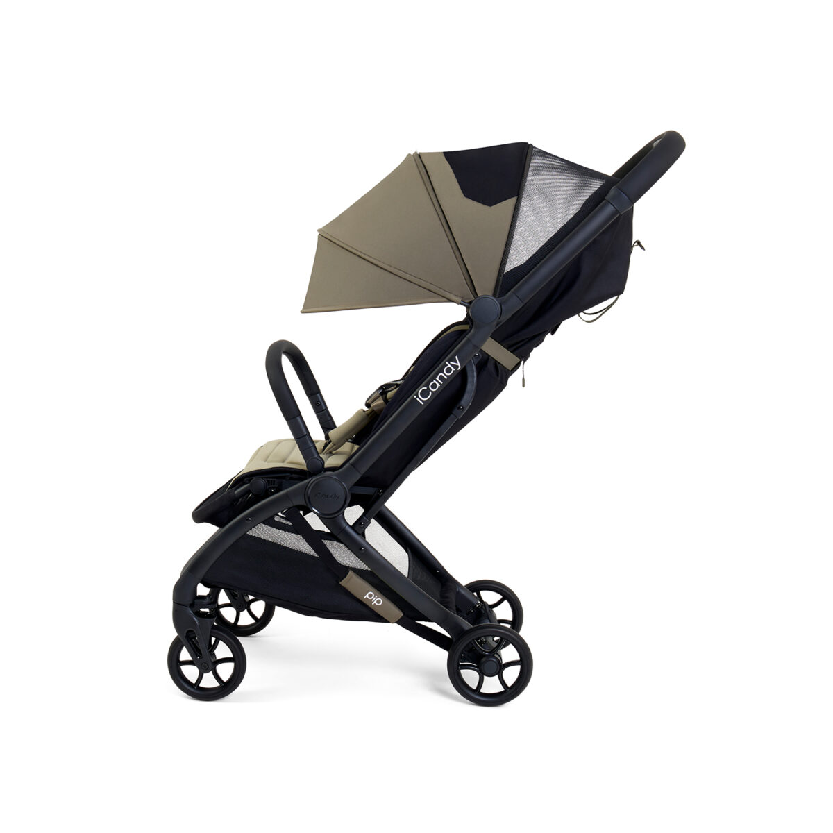 Side view of sage iCandy stroller with partially extended mesh canopy.