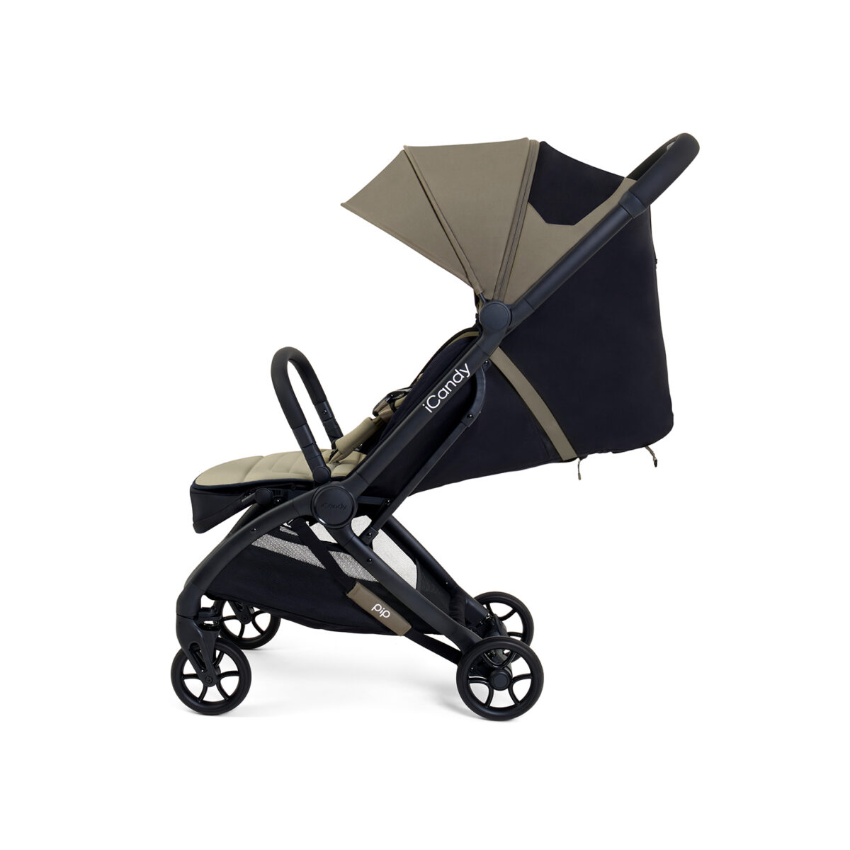 Sage iCandy stroller with fully extended canopy and reclined seat.