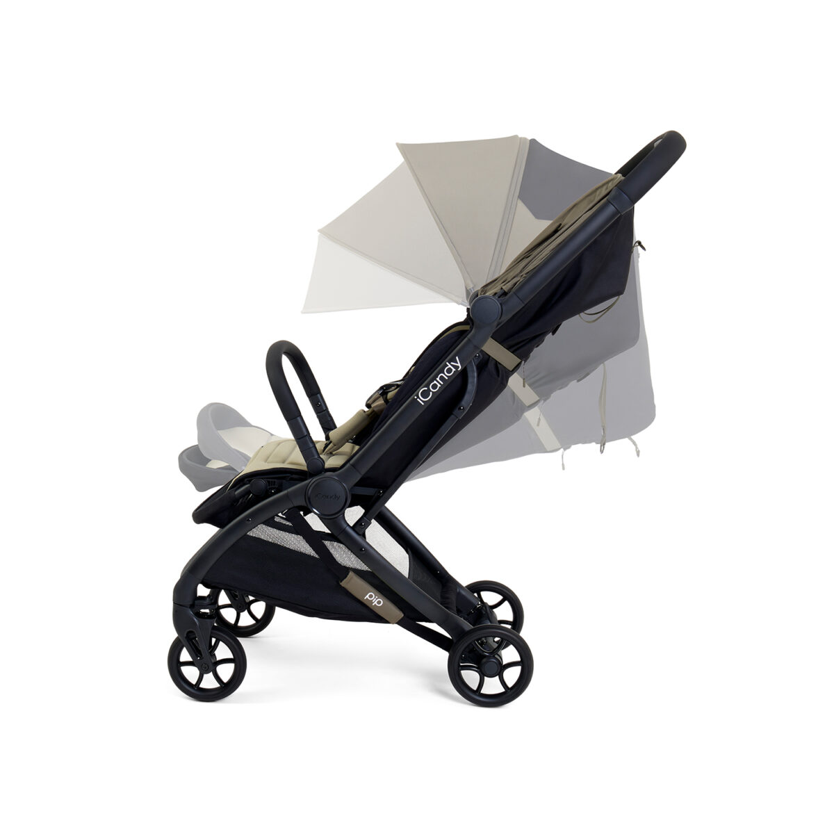 Stroller shown with canopy and seat in multiple adjustable positions in sage.