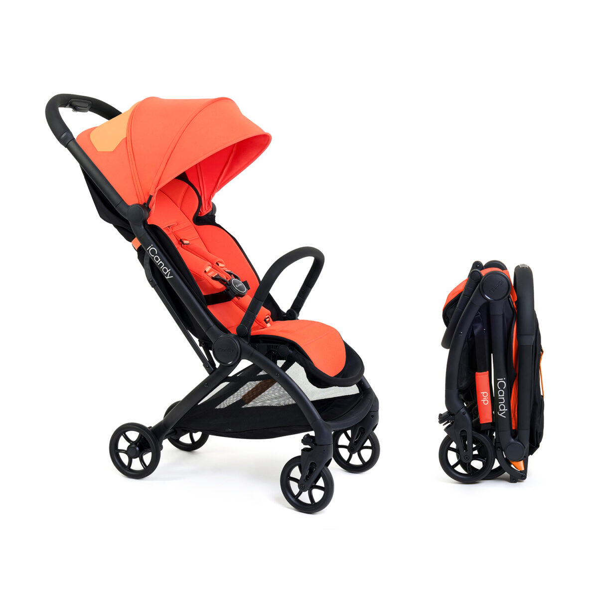 Sunset iCandy stroller in open position beside its folded compact form on a white background.
