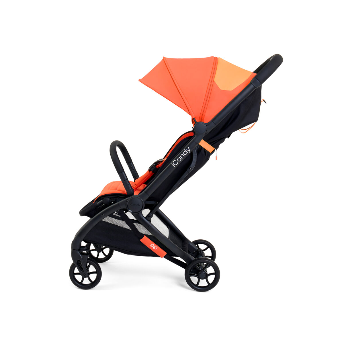 Side view of sunset iCandy stroller with extended canopy and upright seat.