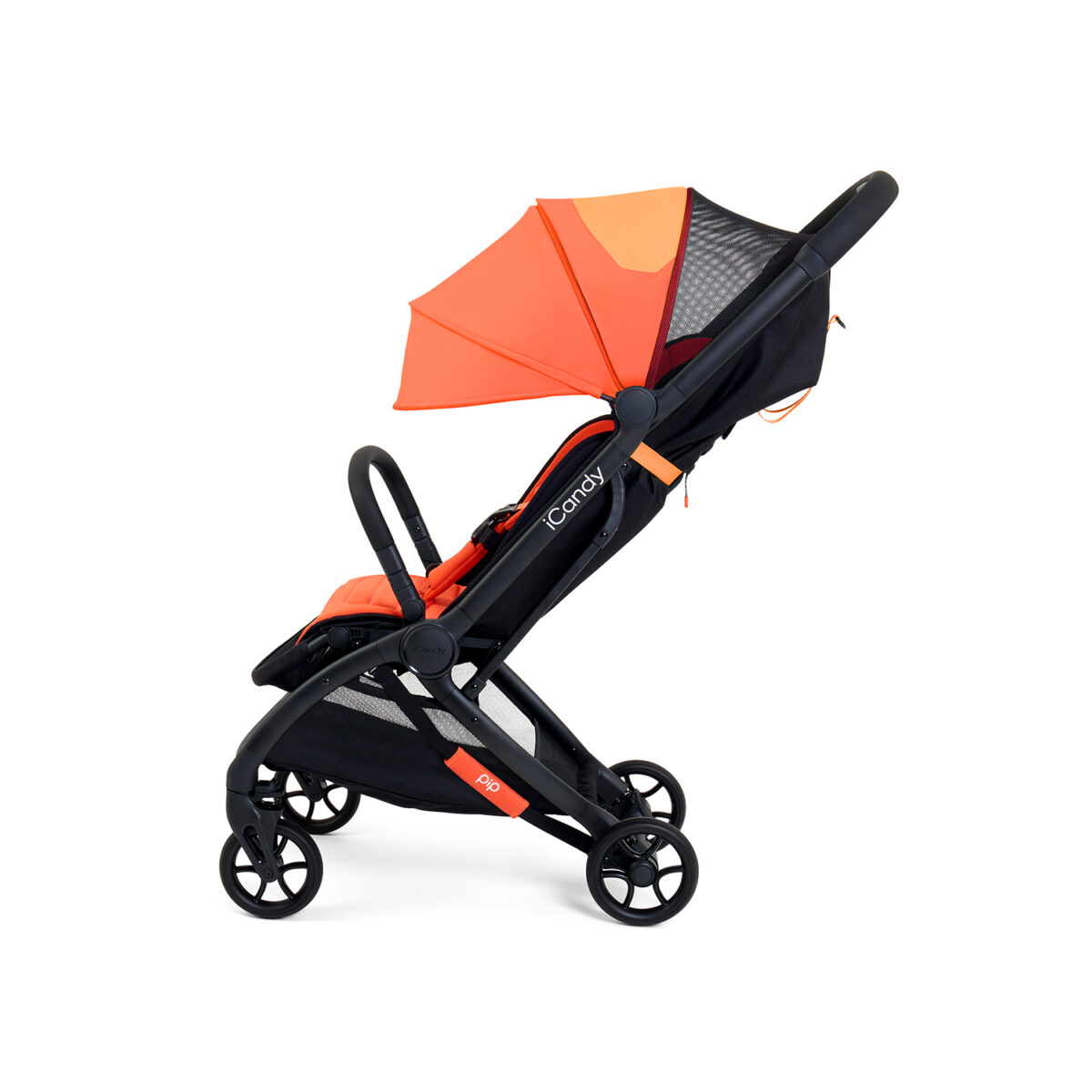 Side view of sunset iCandy stroller with partially extended mesh canopy.