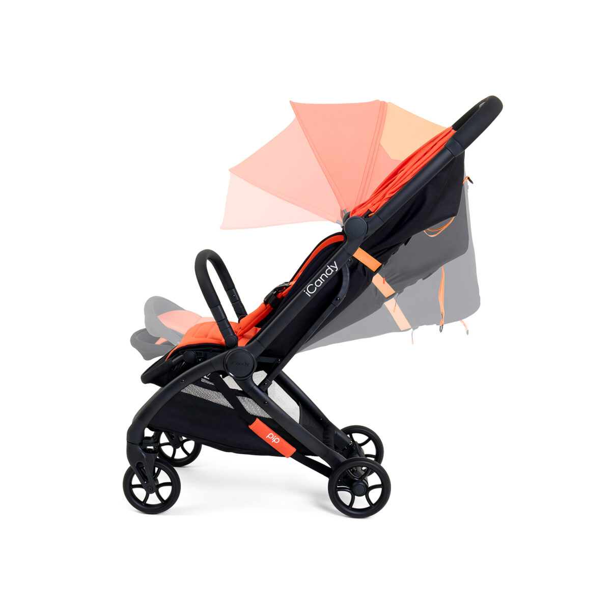 Stroller shown with canopy and seat in multiple adjustable positions in sunset.
