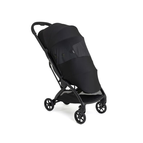 Black iCandy stroller with mesh sunshade fully extended over the seat.
