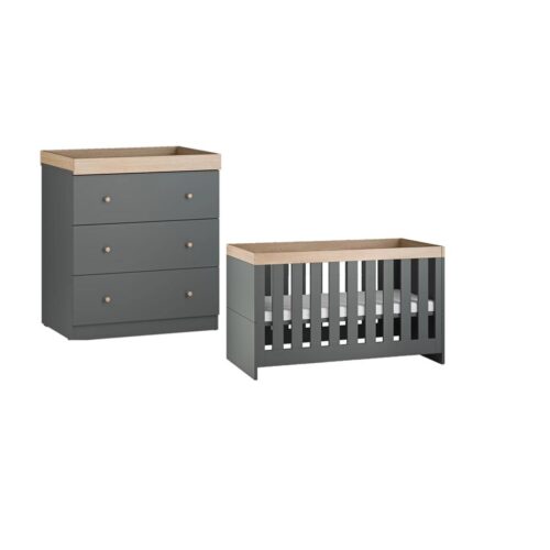 Little Acorns Burlington 2 Piece Nursery Furniture Set with Cot Bed and Dresser - Anthracite Grey & Oak 1