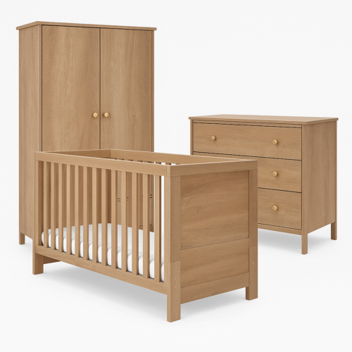 Obaby Nika 3 Piece Nursery Room Set – Oak | Cot Bed, Changer Dresser & Wardrobe