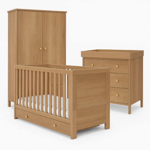 Obaby Nika 3 Piece Nursery Furniture Set with Underdrawer – Oak | Cot Bed, Changing Unit & Wardrobe