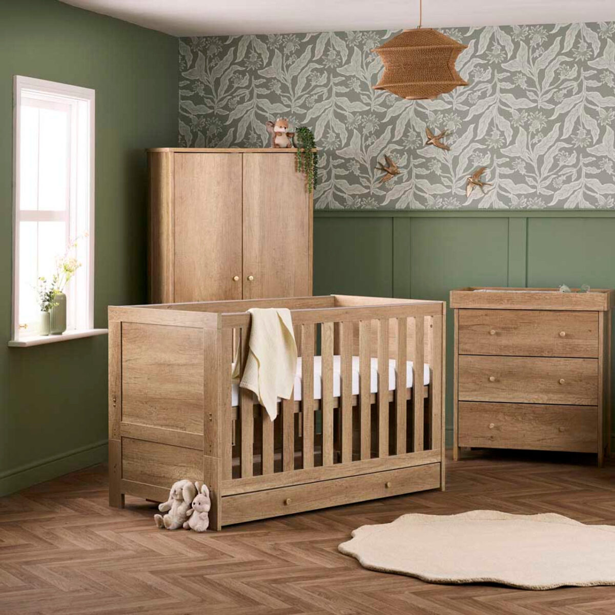 Obaby Nika 3 Piece Nursery Furniture Set with Underdrawer – Oak | Cot Bed, Changing Unit & Wardrobe 2