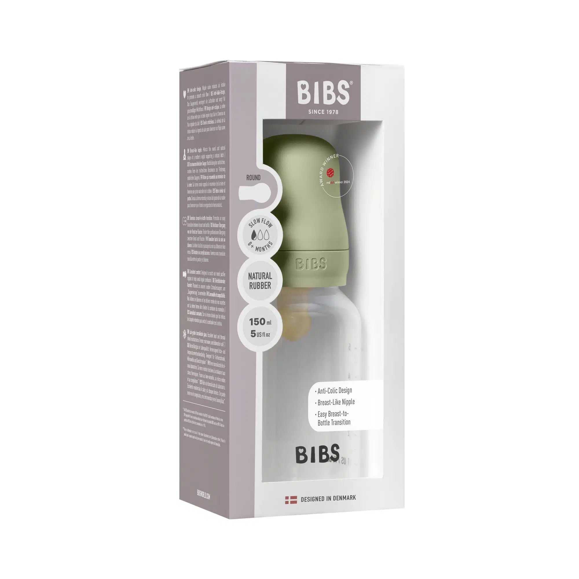 BIBS Slow Flow 150ml Round Latex Baby Bottle - Sage 1