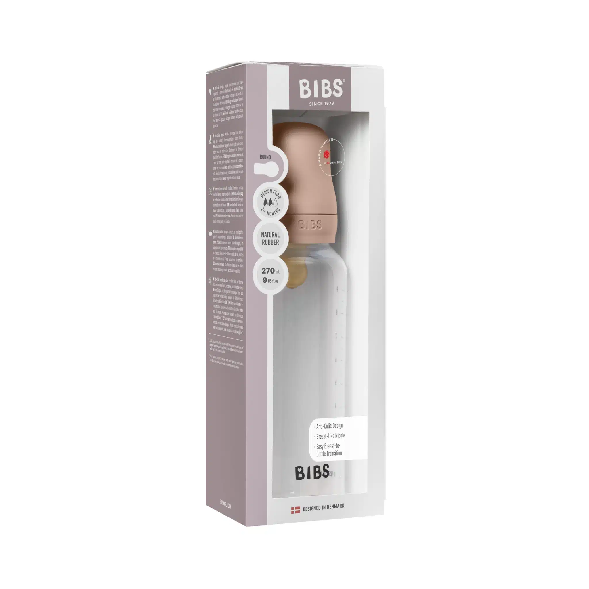 BIBS Medium Flow 270ml Latex Baby Bottle - Blush 3