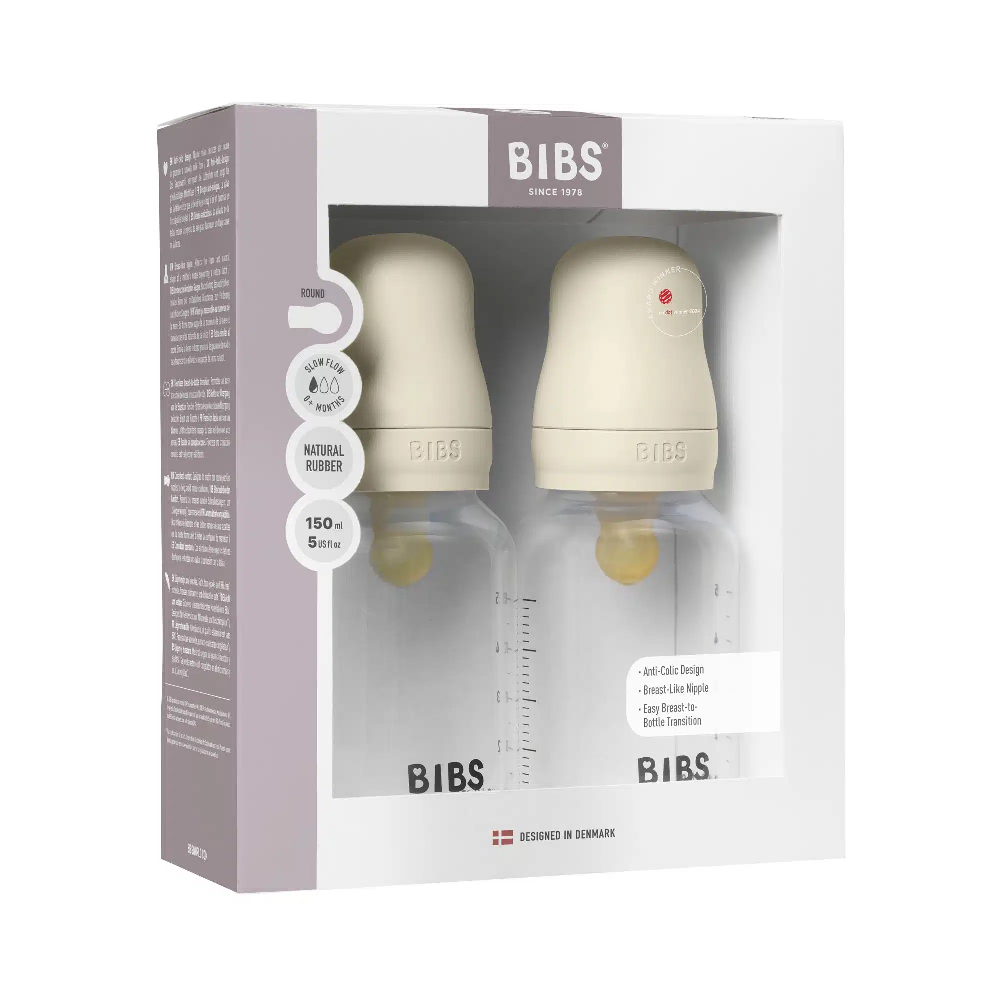 BIBS Slow Flow 2 Pack 150ml Round Latex Baby Bottle Set - Ivory 1